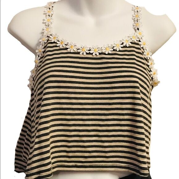 Ultra Crop Striped Daisy Appliqué Tee Top Size Small Beige Black - Picture 1 of 17